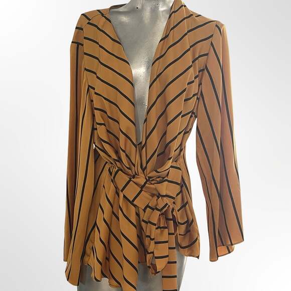 INC International Concepts Tops - INC International Concepts Mustard Yellow and Black Striped Wrap Tie-Front Blous